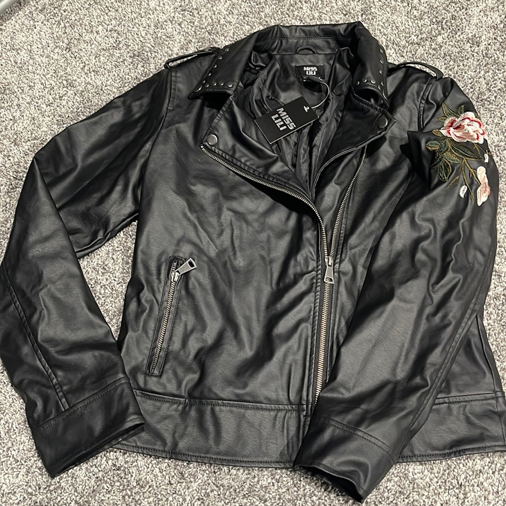 Miss Lili leather style jacket with floral decals😍😍😍